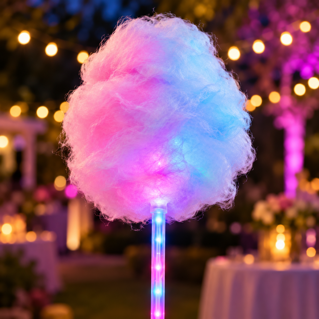 Cotton candy on a glowing LED light stick at an evening celebration