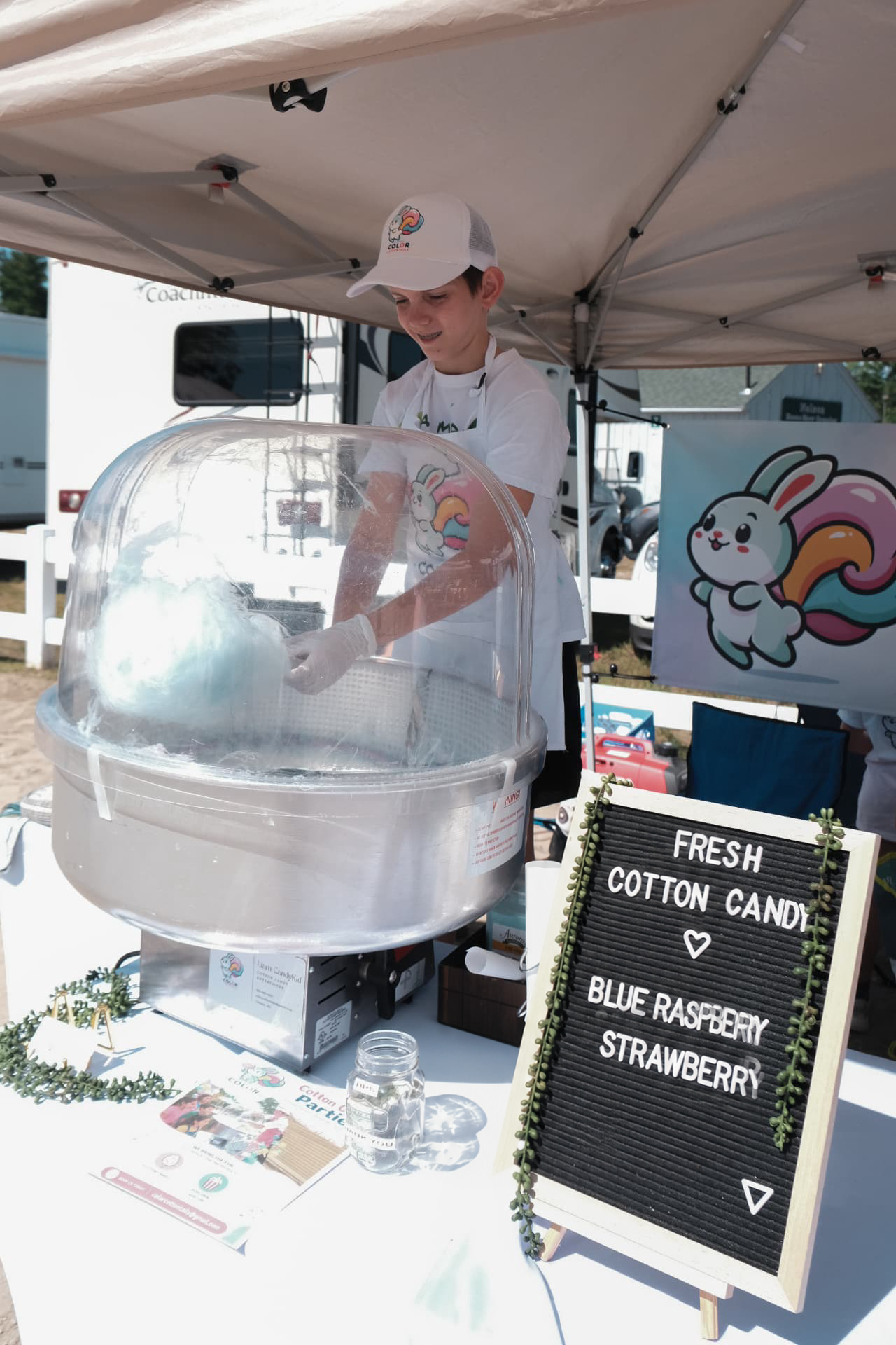 Cotton candy service setup with flavors menu