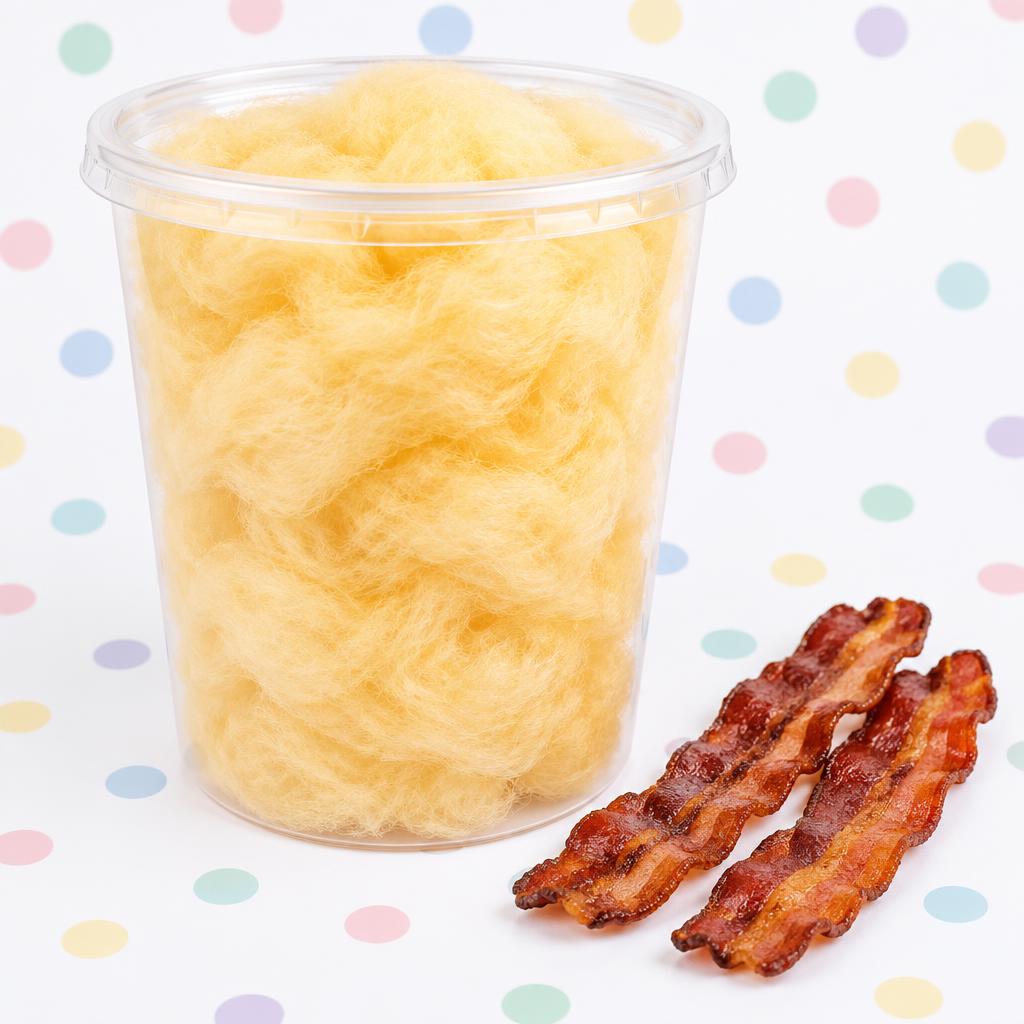 32 oz container of golden bacon-flavored cotton candy with crispy bacon strips