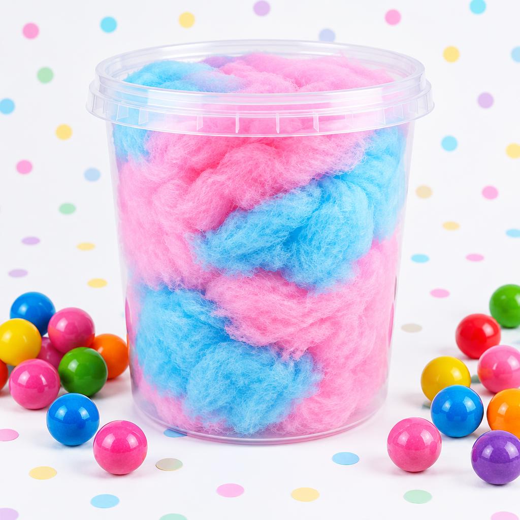 32 oz container of pink and blue bubblegum cotton candy