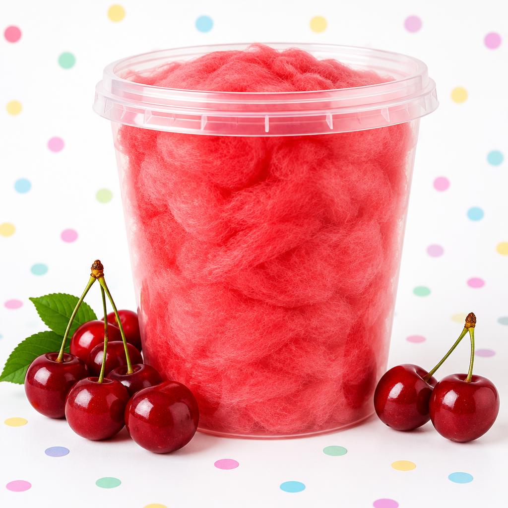 32 oz container of bright red cherry cotton candy