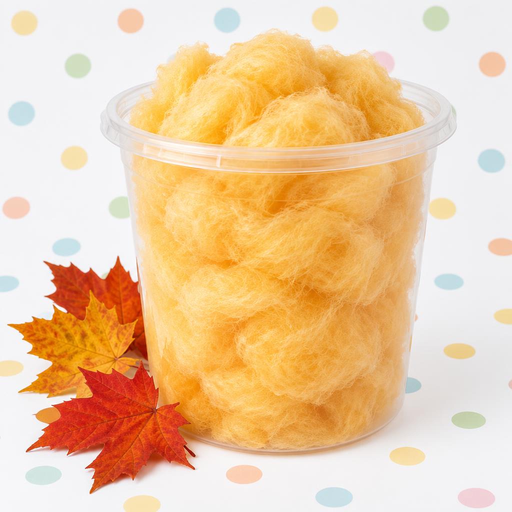 32 oz container of golden maple cotton candy with maple leaves