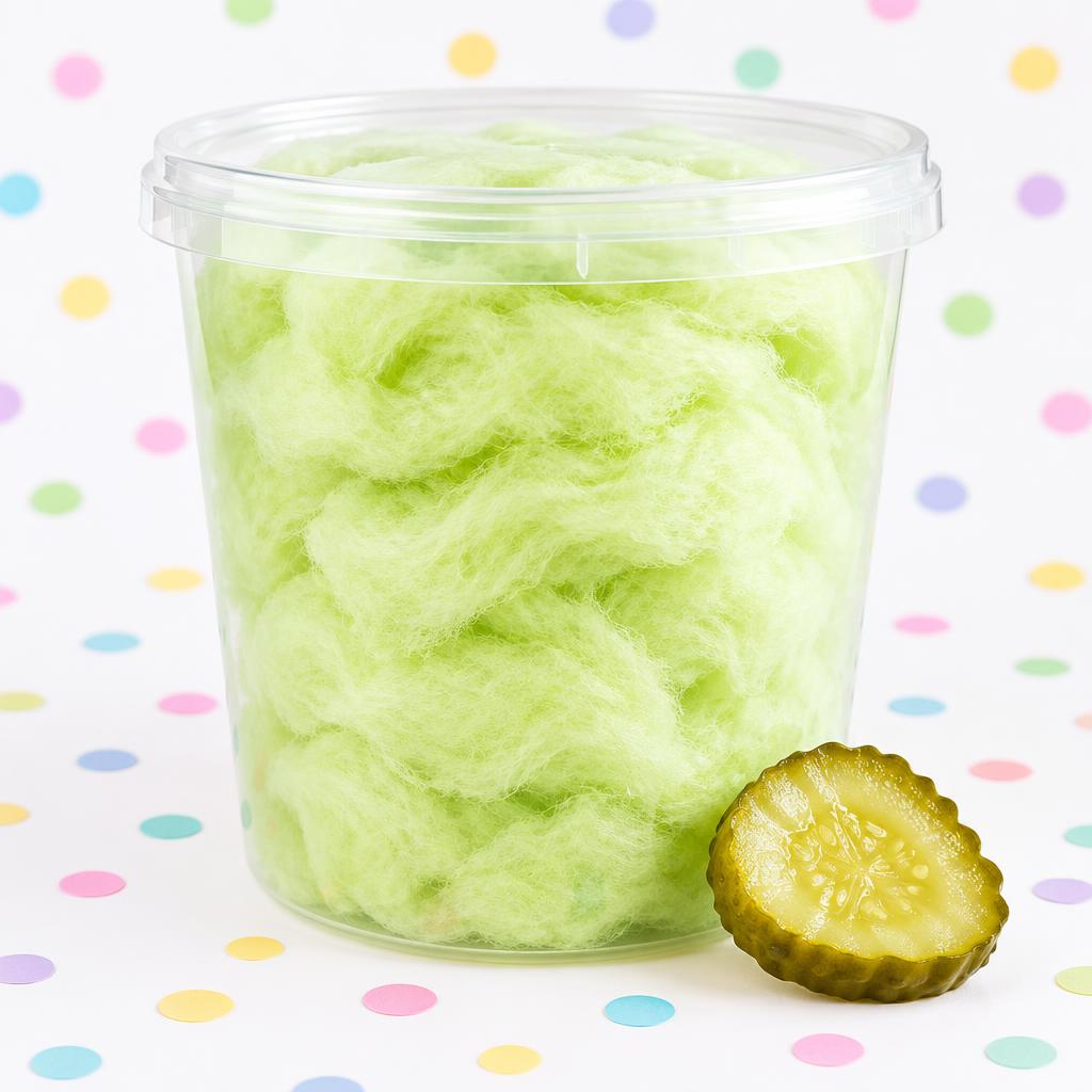 32 oz container of green pickle cotton candy