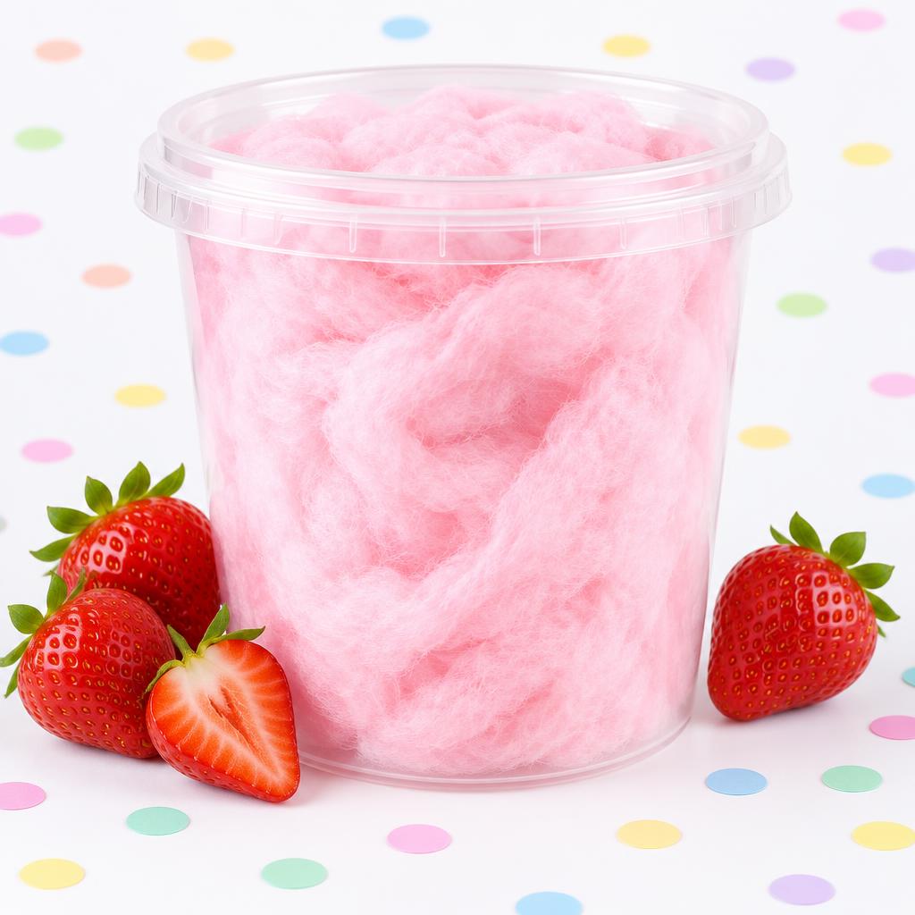 32 oz container of pastel pink strawberry cotton candy