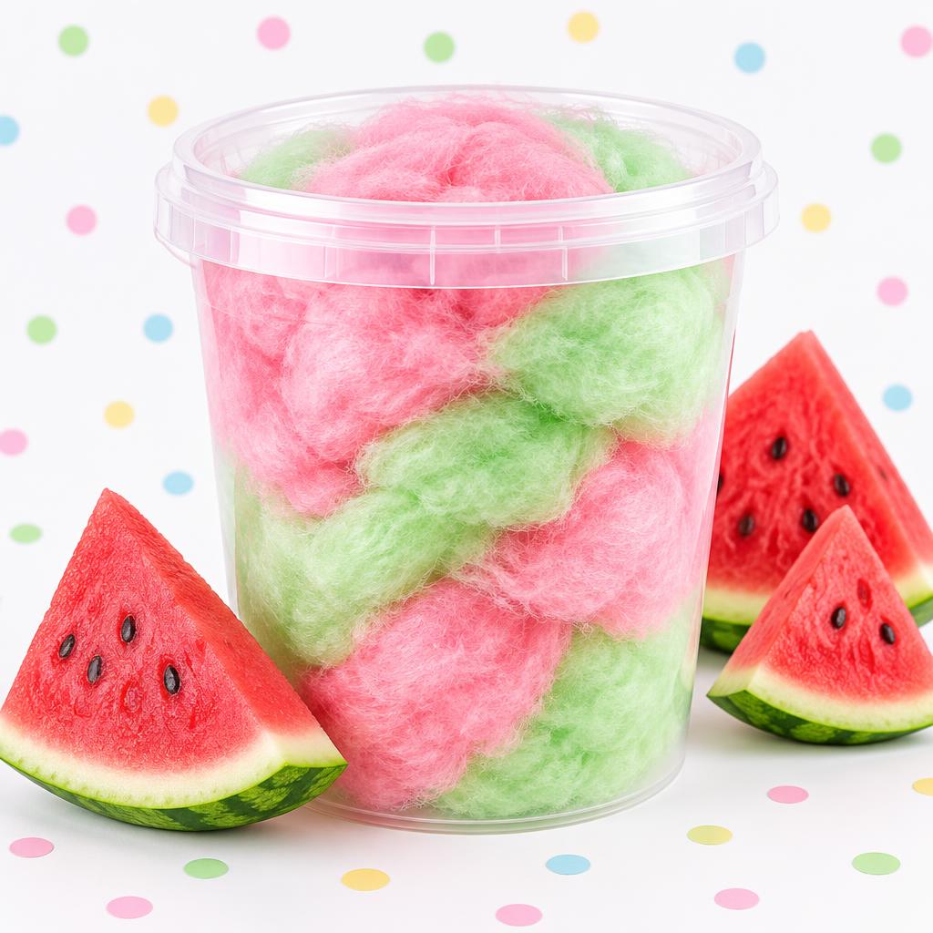 32 oz container of pink and green watermelon cotton candy